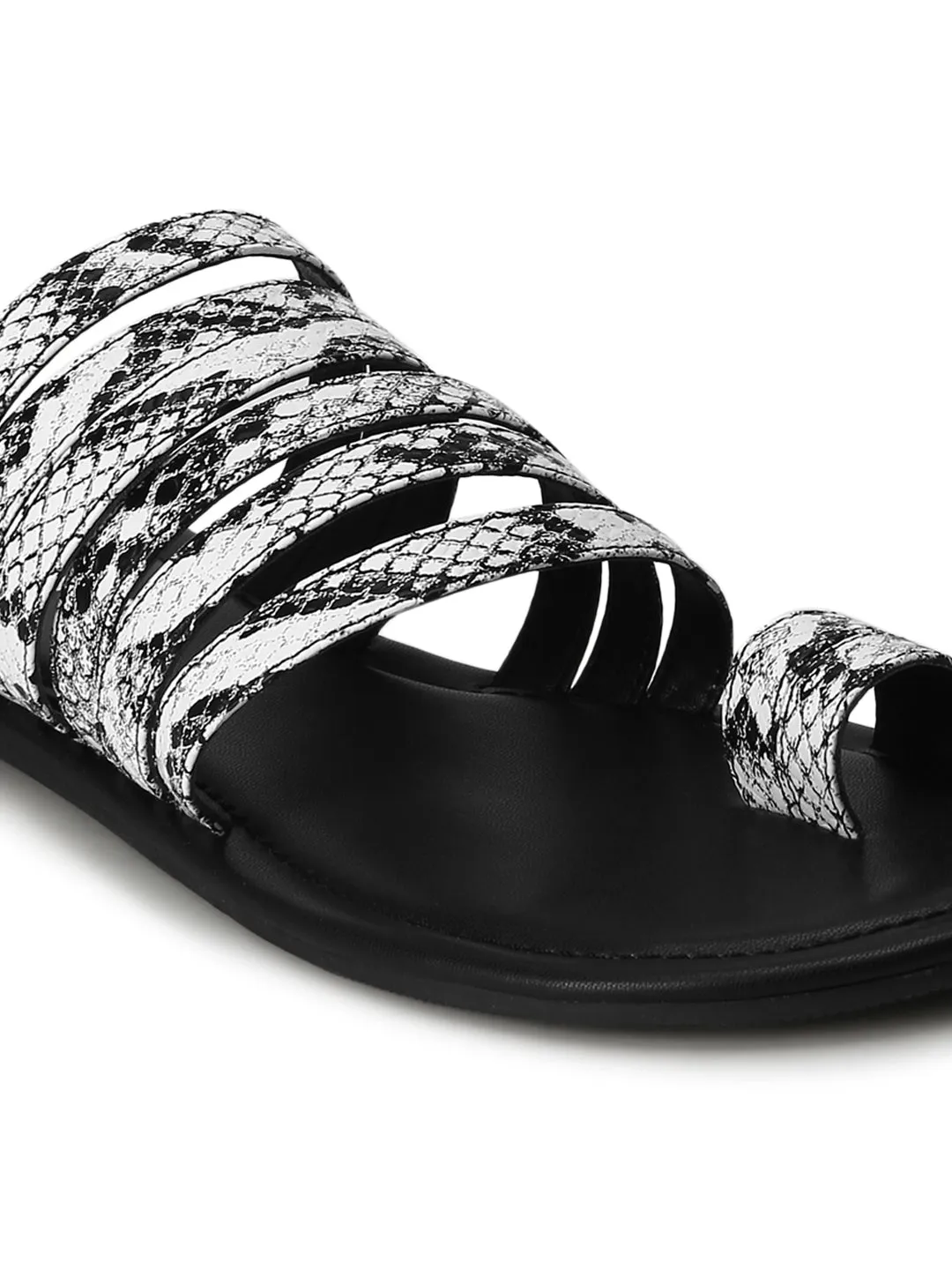 Schwarze & Weiße Schlange PU Flache Slip-On Sandalen