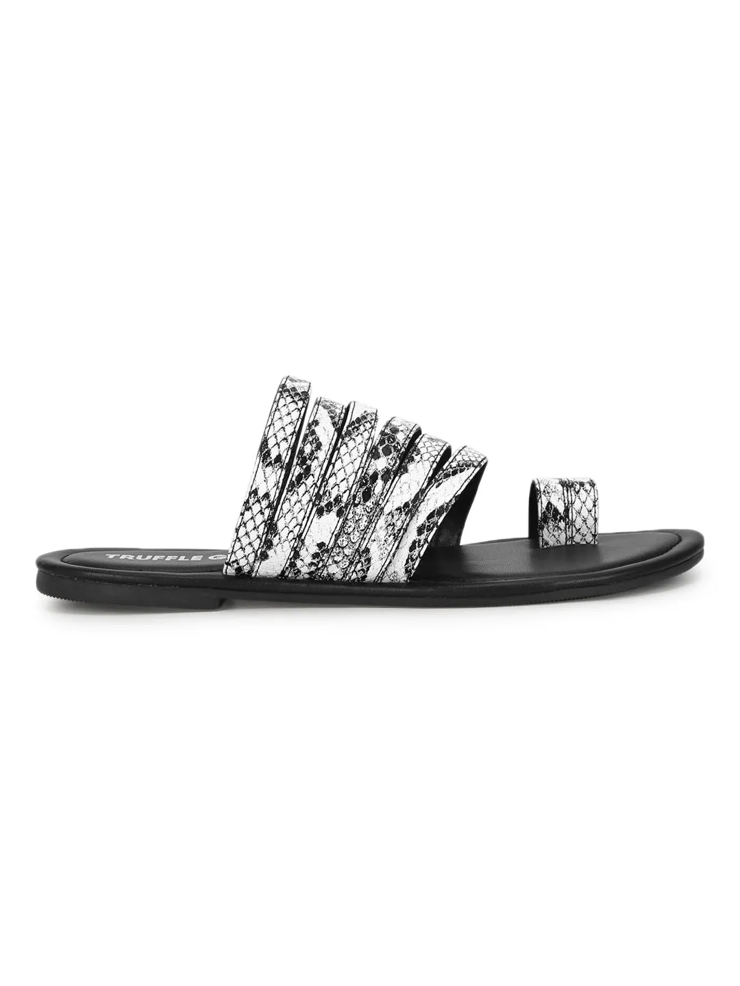 Schwarze & Weiße Schlange PU Flache Slip-On Sandalen