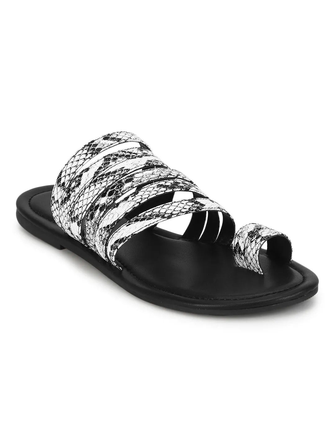 Schwarze & Weiße Schlange PU Flache Slip-On Sandalen