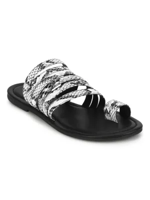 Schwarze & Weiße Schlange PU Flache Slip-On Sandalen