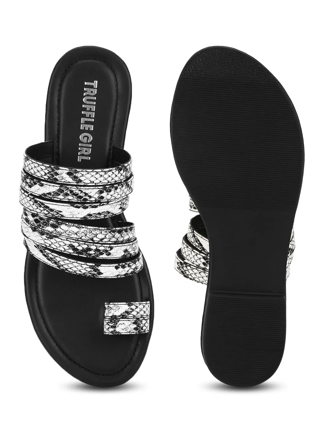 Schwarze & Weiße Schlange PU Flache Slip-On Sandalen