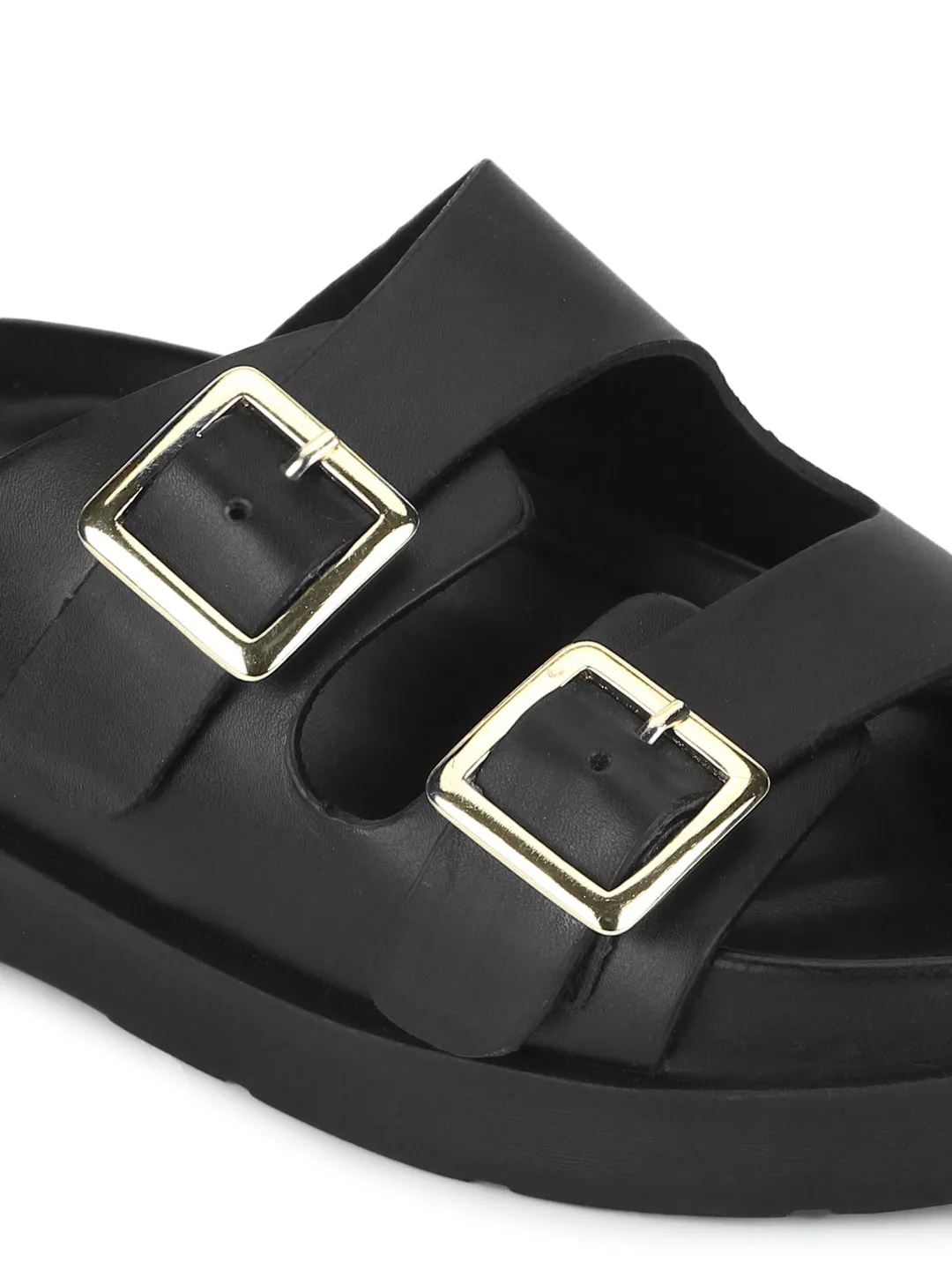 Schwarze PU-Seitenverschluss-Sandalen