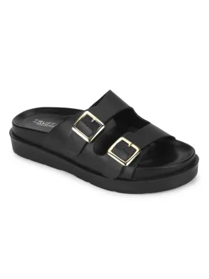 Schwarze PU-Seitenverschluss-Sandalen