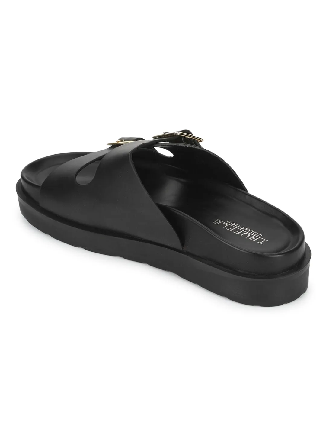 Schwarze PU-Seitenverschluss-Sandalen