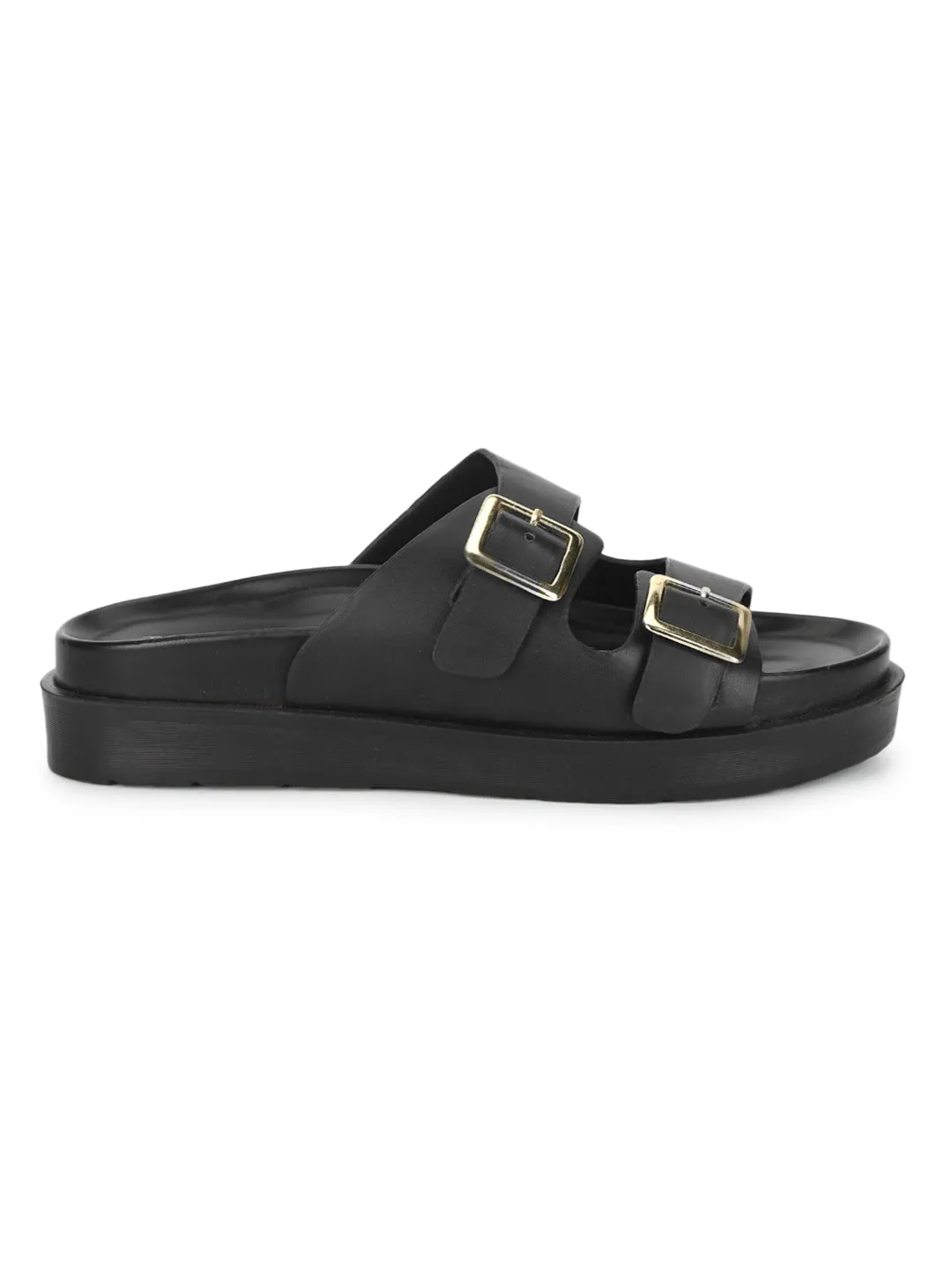 Schwarze PU-Seitenverschluss-Sandalen