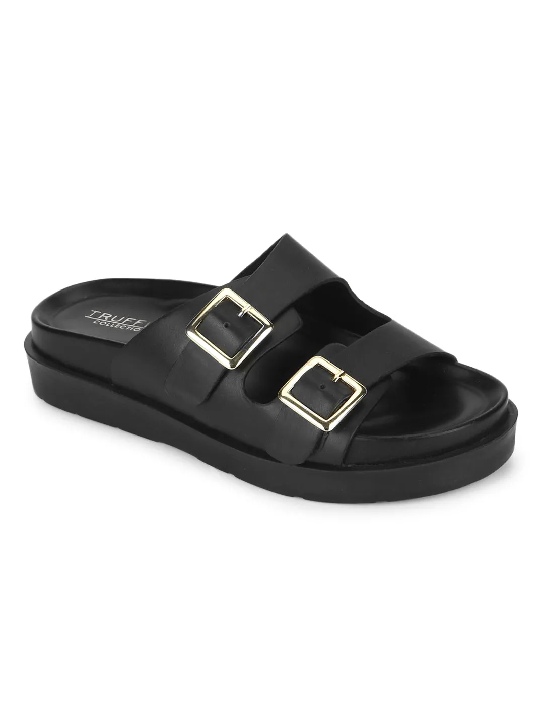 Schwarze PU-Seitenverschluss-Sandalen