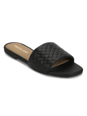 Schwarze Stepp-PU-Slipper Flache Sandalen