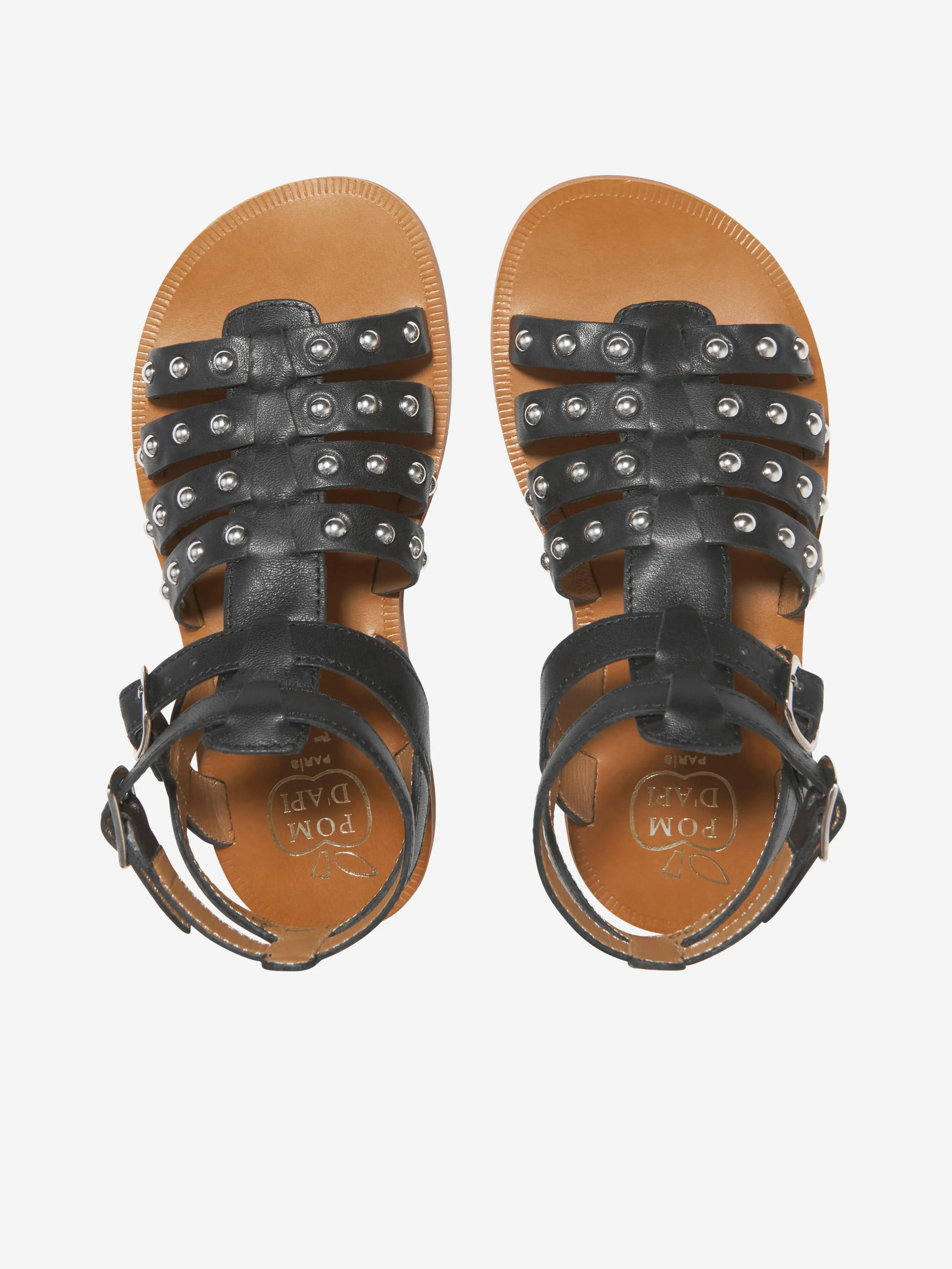 Pom D'Api Mädchen Leder Plagette Nieten Sandalen in Schwarz