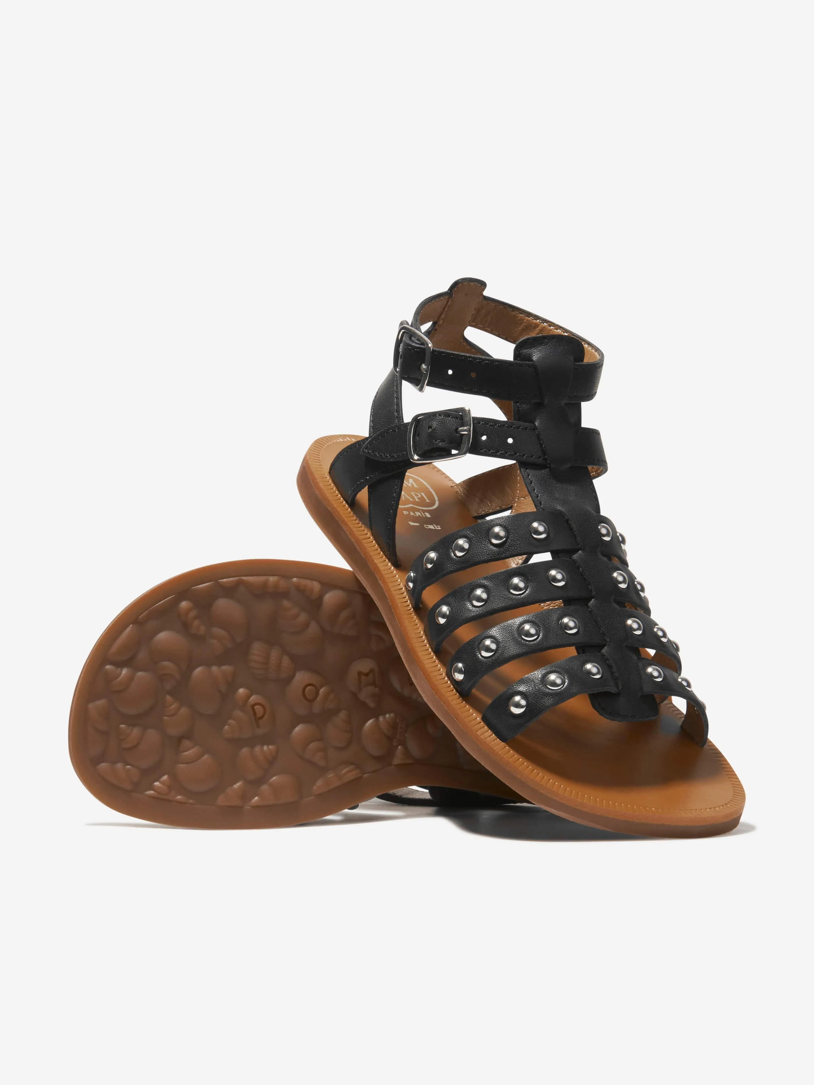 Pom D'Api Mädchen Leder Plagette Nieten Sandalen in Schwarz