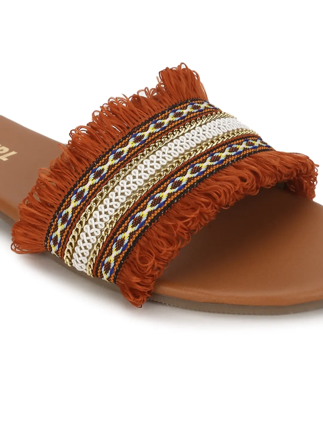Rust Häkel-Rüschen PU-Slipper Flache Sandalen