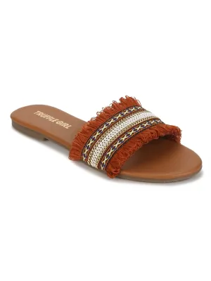 Rust Häkel-Rüschen PU-Slipper Flache Sandalen