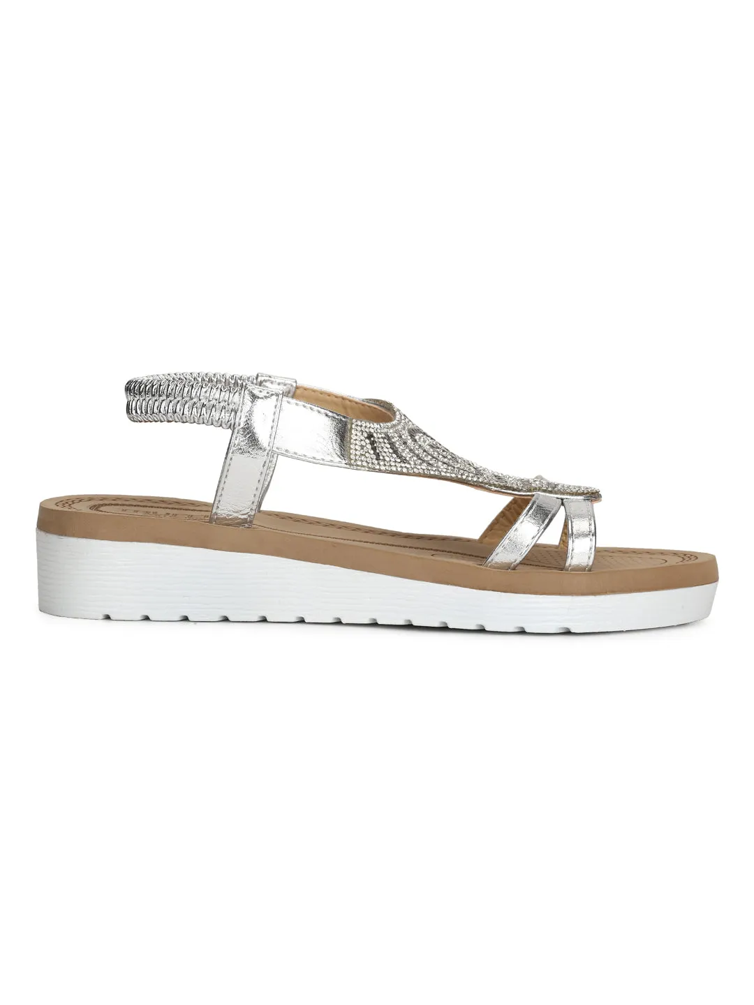 Silberne Metallic-Diamant-Doppelriemen-Plattform-Slip-On-Sandalen