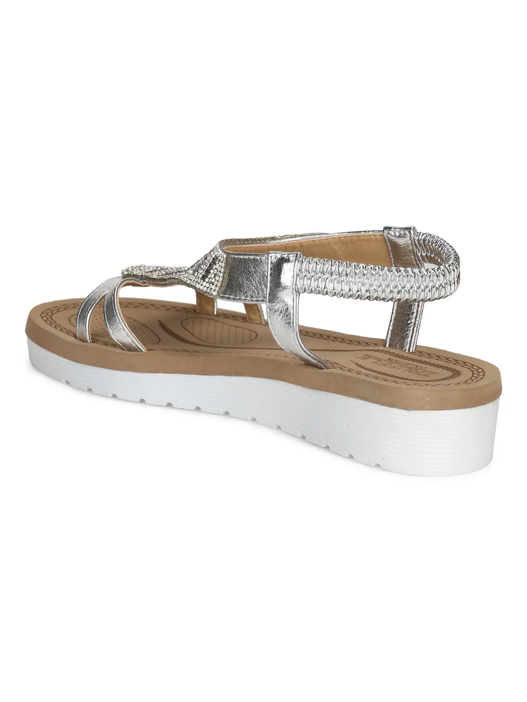 Silberne Metallic-Diamant-Doppelriemen-Plattform-Slip-On-Sandalen