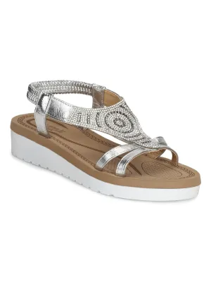 Silberne Metallic-Diamant-Doppelriemen-Plattform-Slip-On-Sandalen