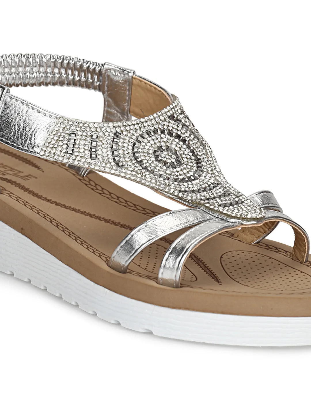 Silberne Metallic-Diamant-Doppelriemen-Plattform-Slip-On-Sandalen