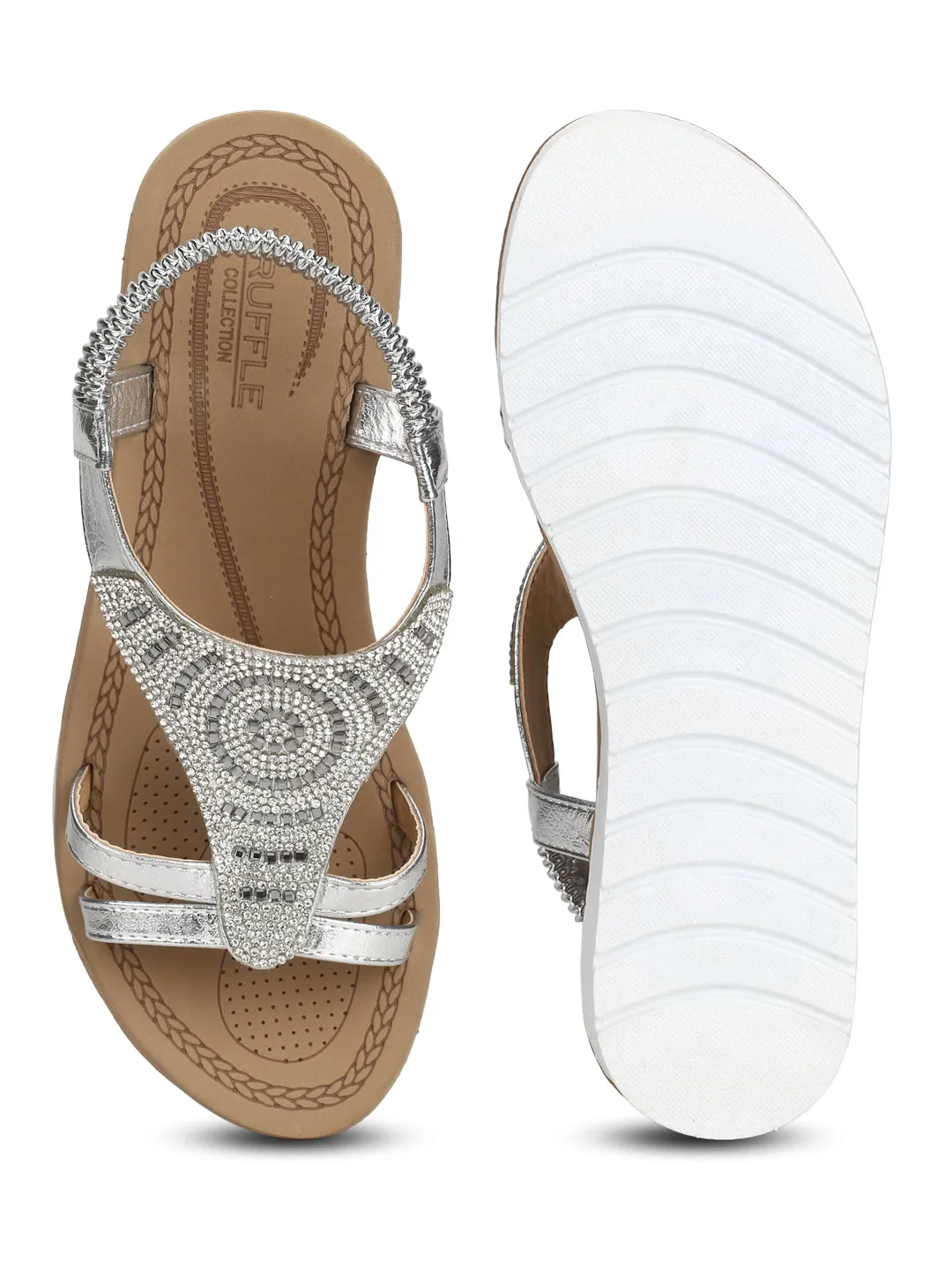 Silberne Metallic-Diamant-Doppelriemen-Plattform-Slip-On-Sandalen