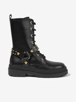 Versace Girls Leder-Bikerstiefel in Schwarz